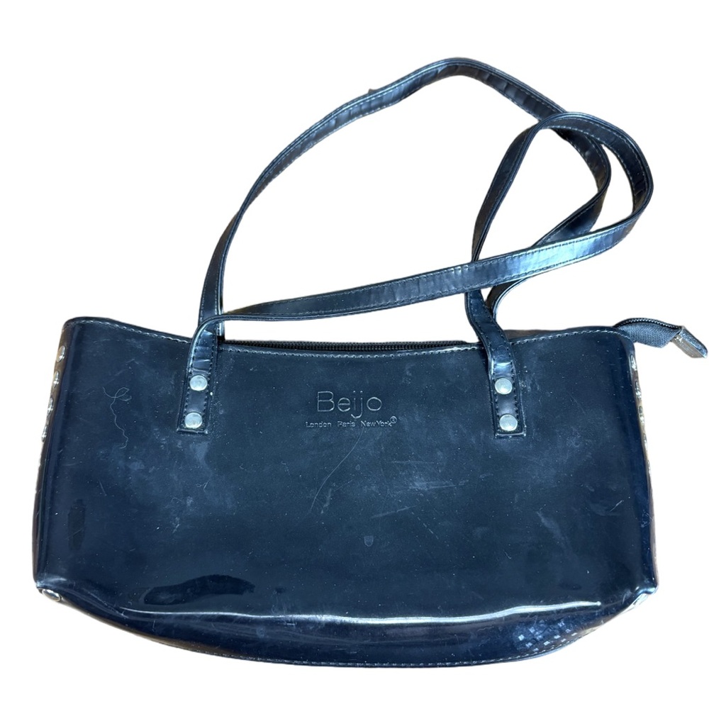 Beijo Black Patent PVC Shoulder Bag Studded Sides Logo Tote